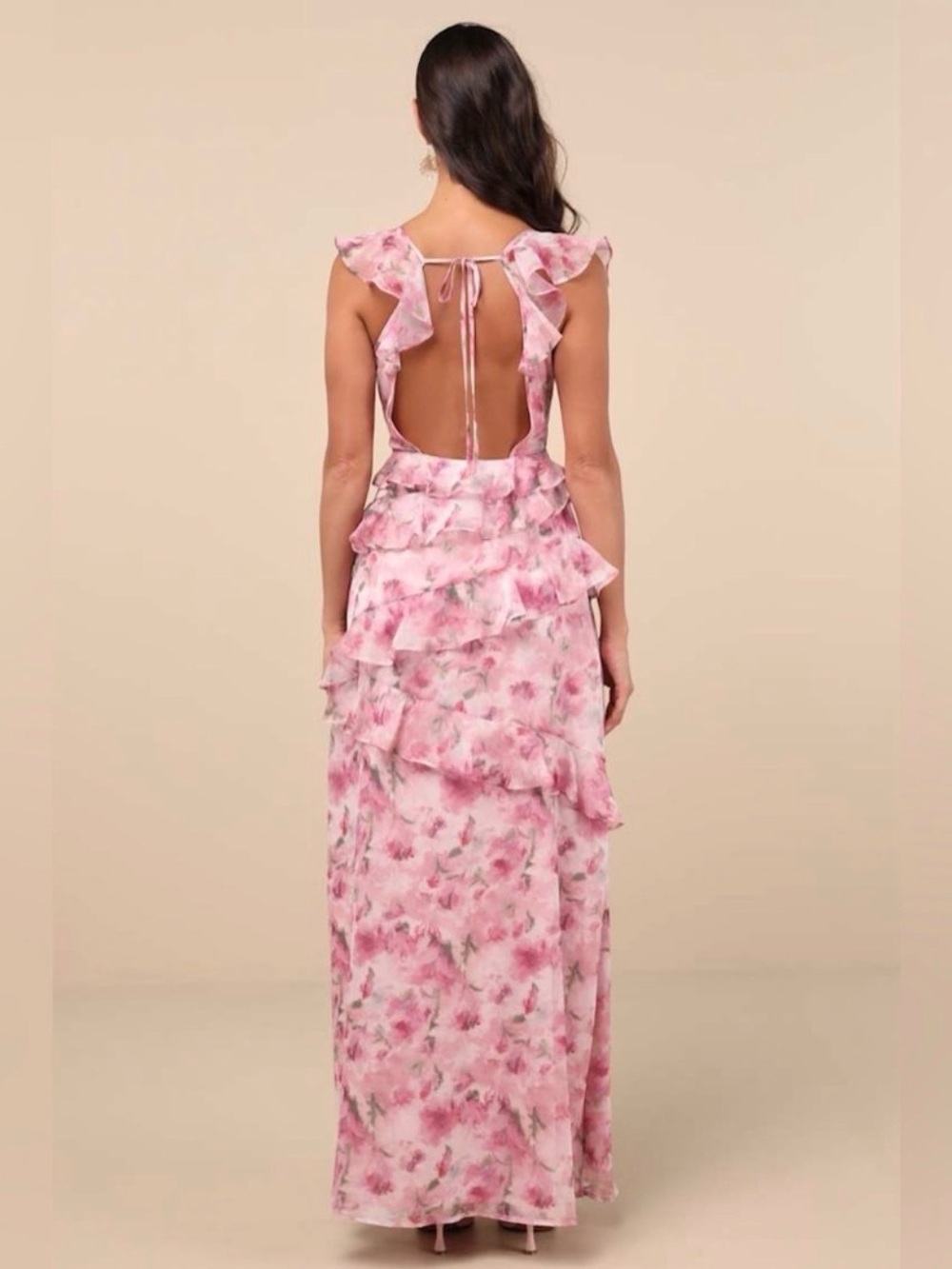 Lulus Evangeline Pink Floral Ruffle Maxi Dress | Open Back | S - Picture 4 of 9